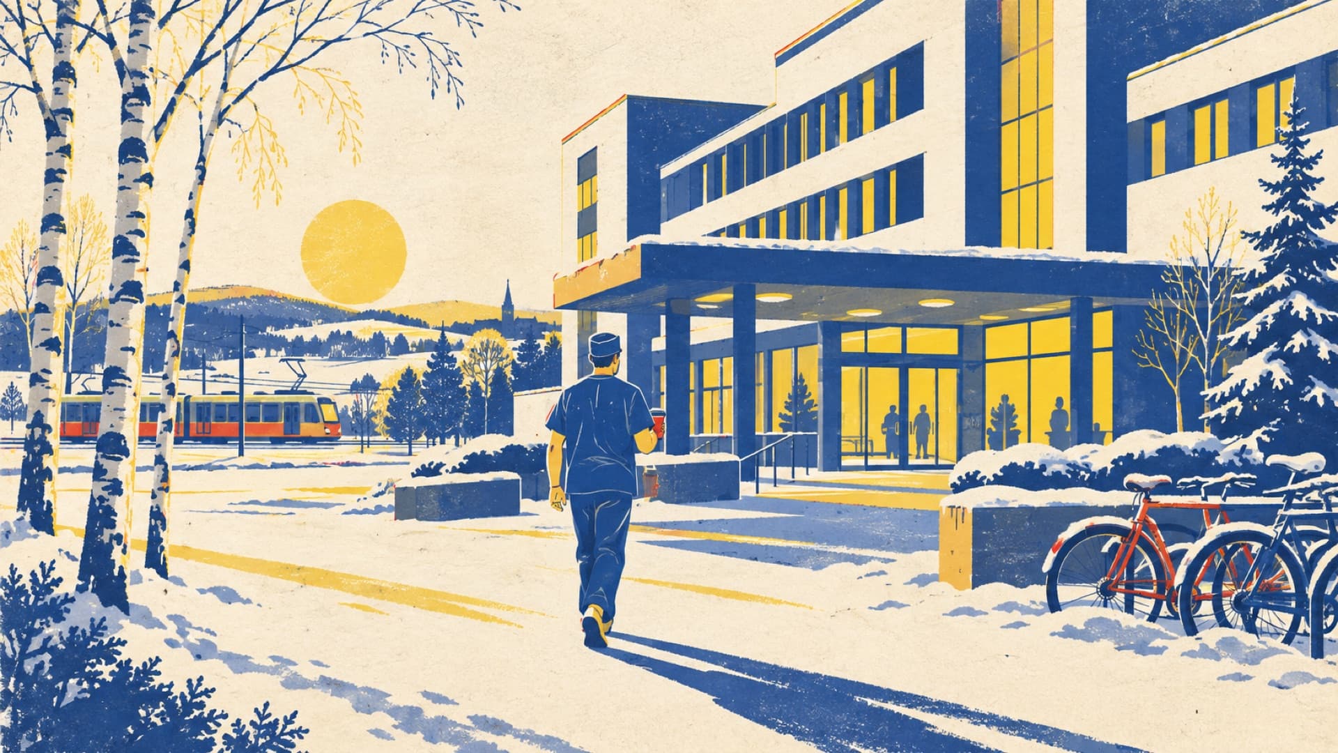 Illustration: a doctor walks into a Swedish hospital on a bright winter morning.